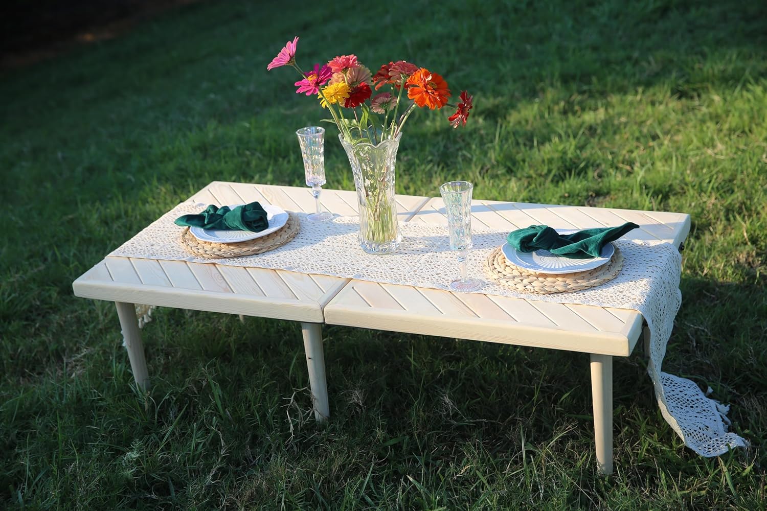 22x44 inch Portable Boho Wood Pincic Table,Low Tables for Sitting on Floor,Perfect for Two,for Outdoor, Beach, Picnic, BBQ and Party (1, Twill Tabletop)