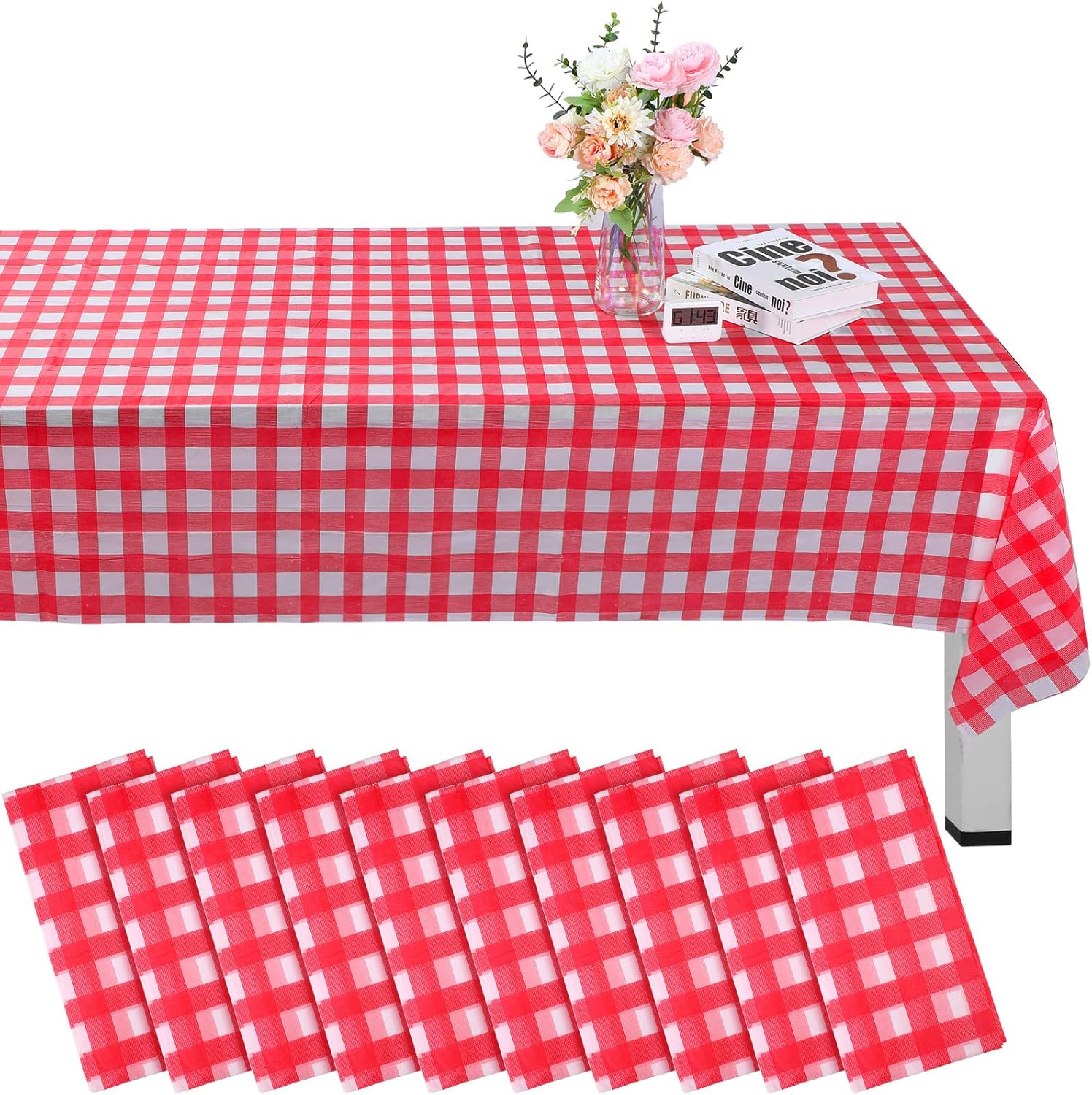24 Pack Gingham Checkered Tablecloths 54 x 108 Inch Disposable Table Covers Rectangle Plastic Tablecloths Buffalo Plaid Picnic Table Covers for Birthday Party Decoration(Red and White Checkered)