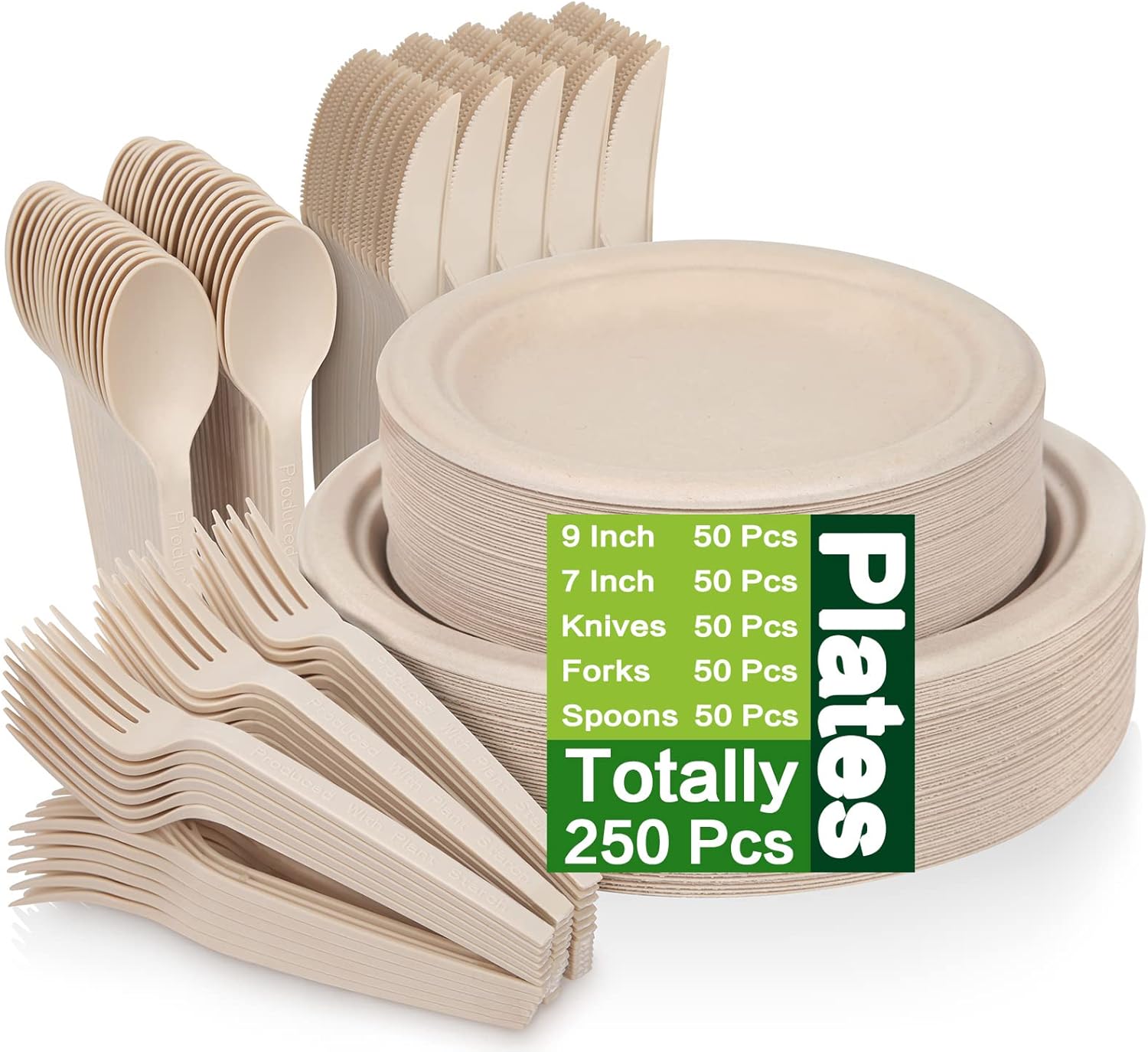 250 Piece Compostable Paper Plates Set with Extra Long Utensils, Sugarcane Fibers Disposable Dinnerware Set, Eco Friendly Biodegradable Plates, Spoons, Forks and Knives for Party, Camping, Picnic