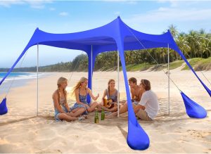 2PM SPORTS Beach Tent Conopy with UPF50+, Outdoor Large Beach Sun Shade Shelter for Family Picnic Camping Travel Shore, 8 Sandbags, Sand Shovel, Portable Ground Pegs (Navy Blue, 8x8 FT)