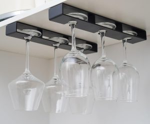 2Pack Wine Glass Holder Under Shelf Cabinet Wine Glass Rack Plastic Stemware Rack Glasses Storage Hanger Bar Kitchen Wine Glasses Organizer (black)