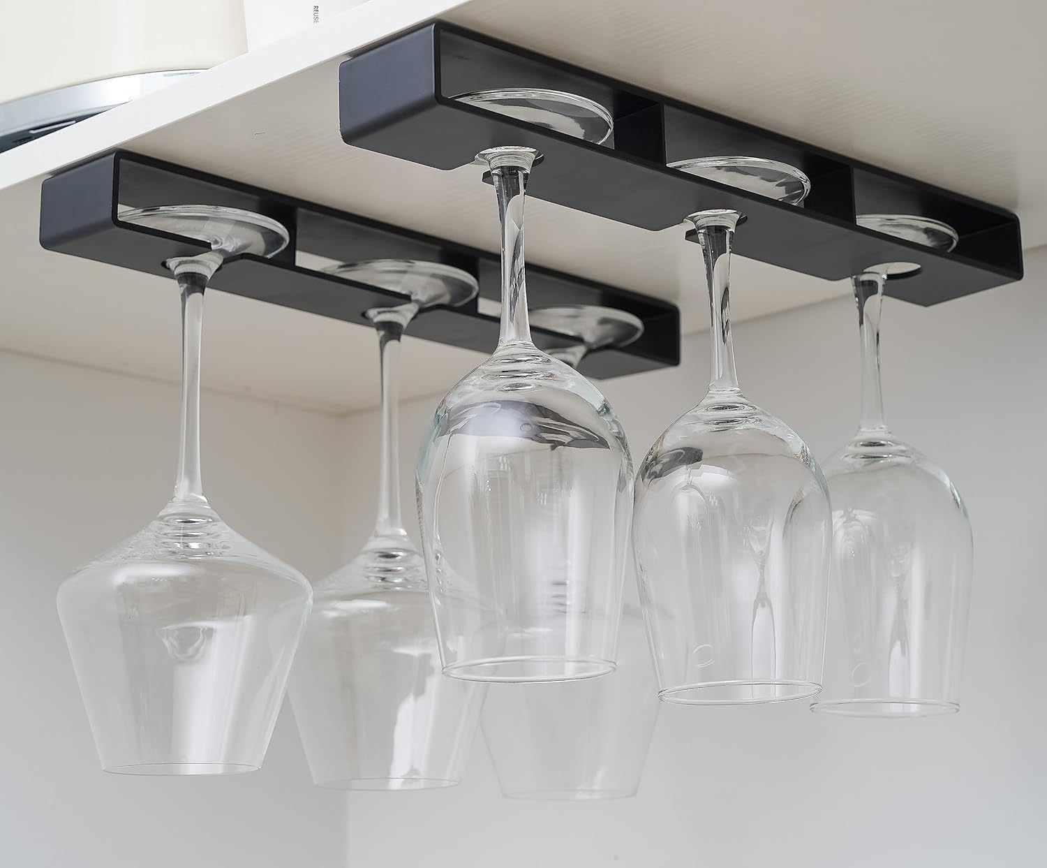 2Pack Wine Glass Holder Under Shelf Cabinet Wine Glass Rack Plastic Stemware Rack Glasses Storage Hanger Bar Kitchen Wine Glasses Organizer (black)