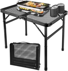 2x1.3 FT Folding Camping Table Foldable Grill Table for Outdoor BBQ, Metal Portable Camping Grill Stand with Mesh Desktop, Adjustable Height Lightweight BBQ Tables Black