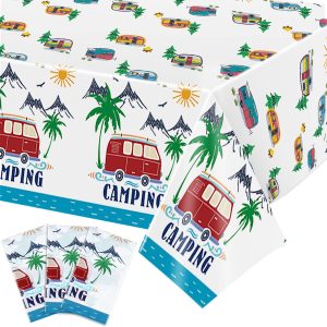 3 Pack Camping Tablecloth Camping Picnic Table Covers Rectangular Camping Backdrop Table Cloth Camping Trails Tablecloth Camping Vintage Style Plastic Tablecloth for Party Table Decor, 108 x 54 Inch