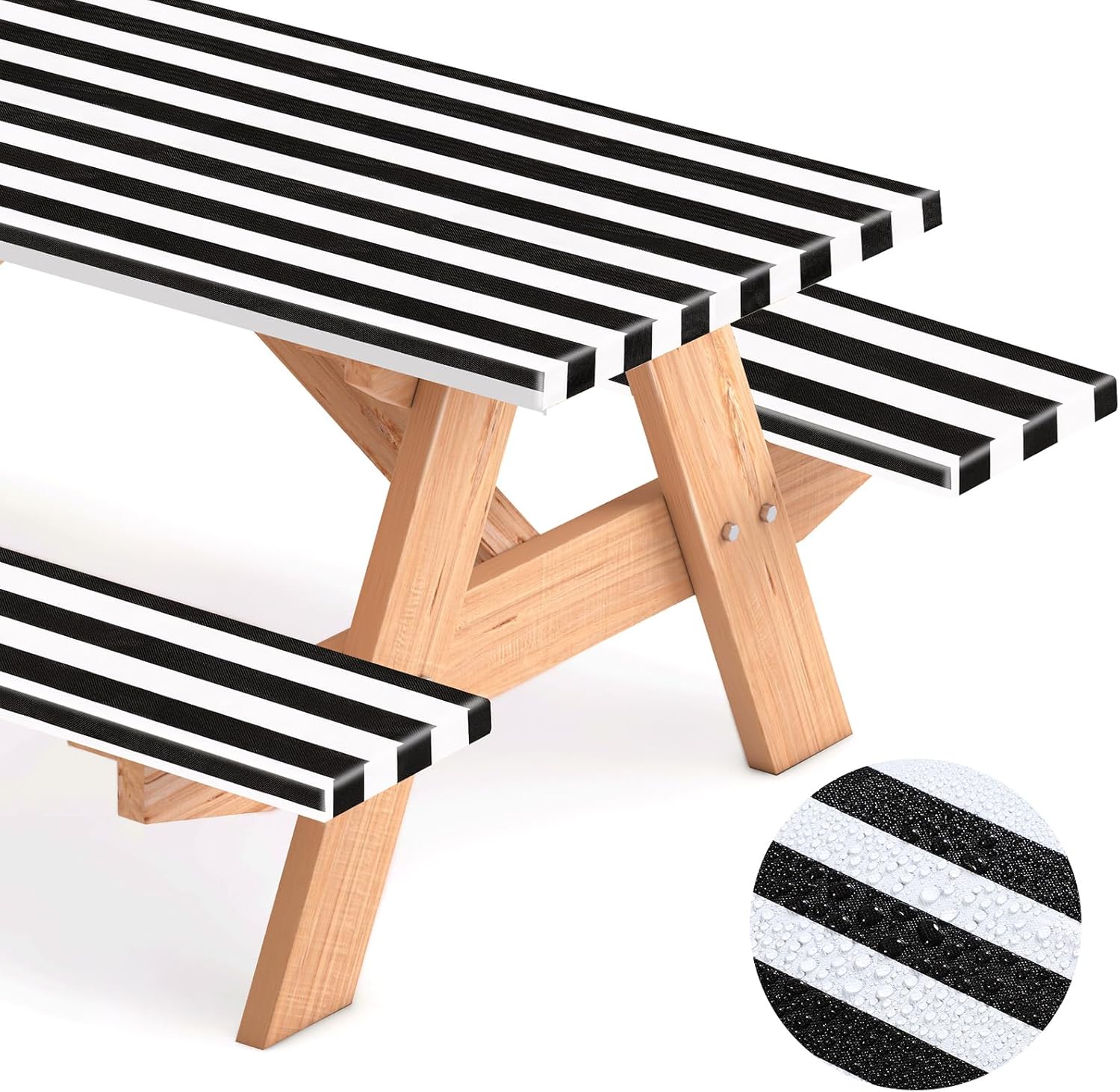 3 Pcs 6 ft Picnic Table Cover with Bench Covers, Fits for Tables 72" x 30" Rectangle, Waterproof Elastic Stripe Tablecloth for Camping Park Outdoor Patio(Black and White)