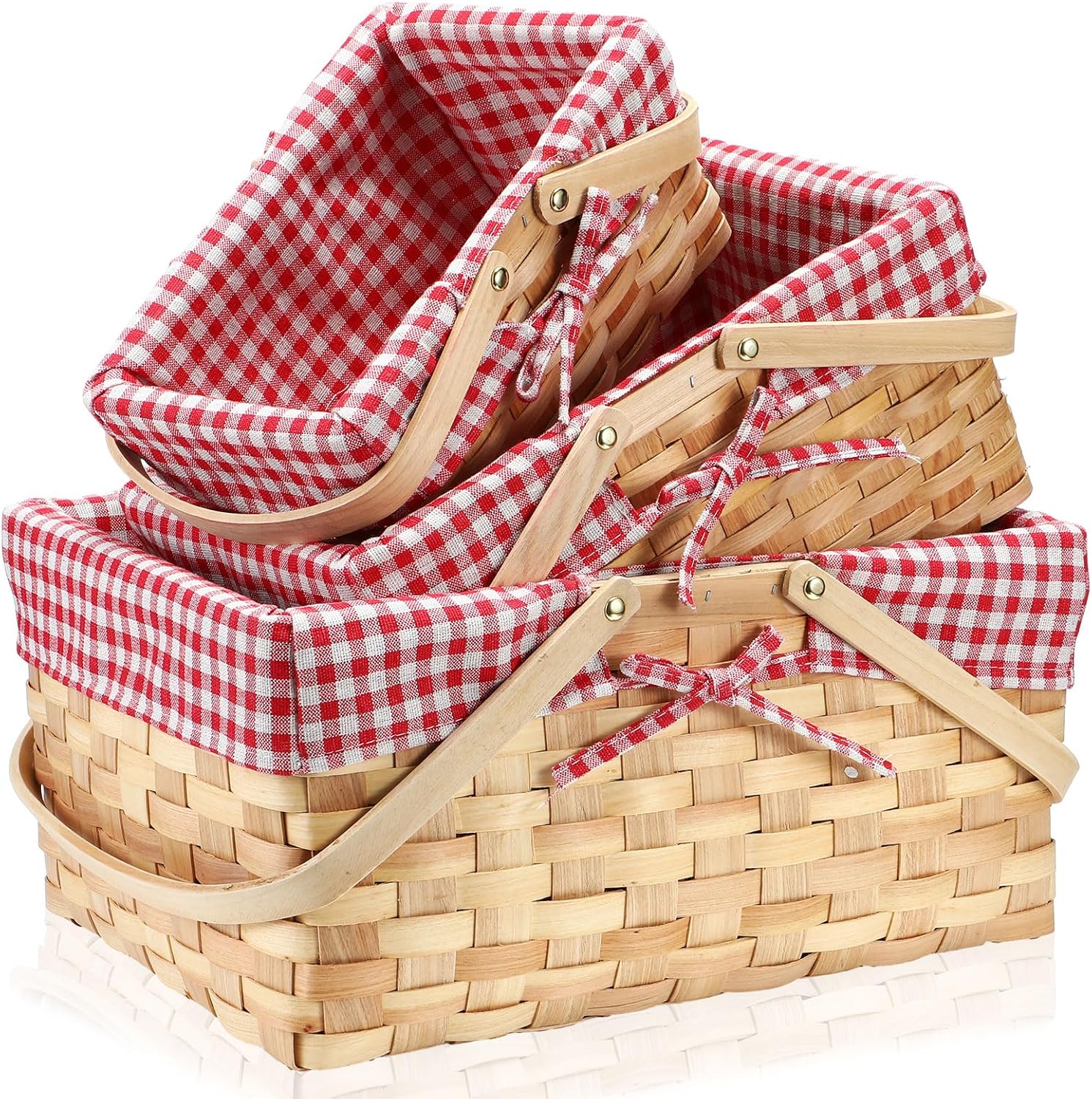 3 Pcs Different Sizes Picnic Basket with Handles Natural Vintage Red and White Checkered Liner Rustic Woven Hamper for Spring Easter Picnic Camping Outdoor Egg Gathering Candy Gift