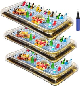3 Pcs Inflatable Serving Bar Salad Ice Tray Food Drink Candy Buffet Containers Picnic Pool Inflatable Cooler with a Drain Plug and a Hand Pump, 53 x 23.6 x 4.7 Inch(Black)