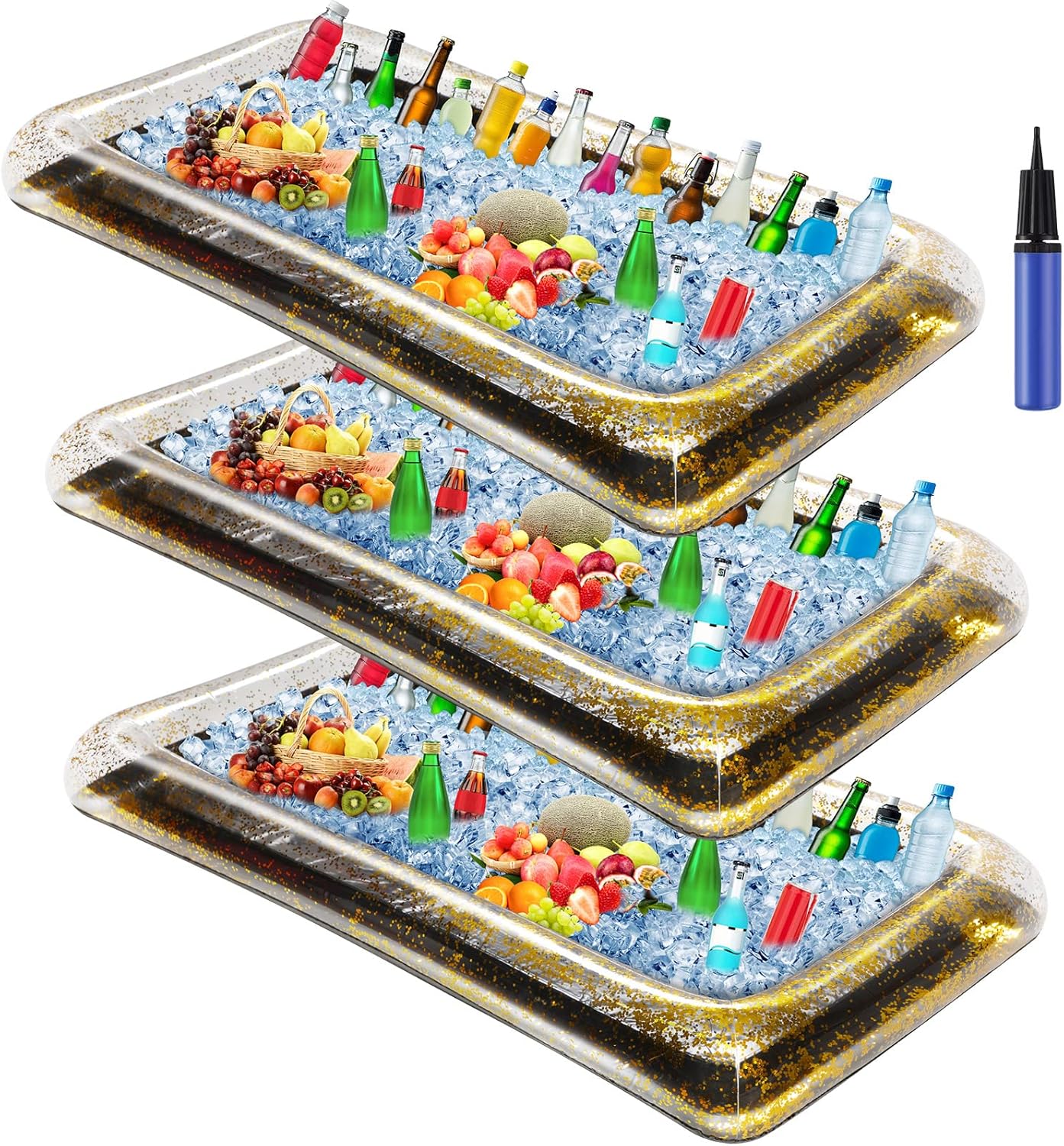 3 Pcs Inflatable Serving Bar Salad Ice Tray Food Drink Candy Buffet Containers Picnic Pool Inflatable Cooler with a Drain Plug and a Hand Pump, 53 x 23.6 x 4.7 Inch(Black)
