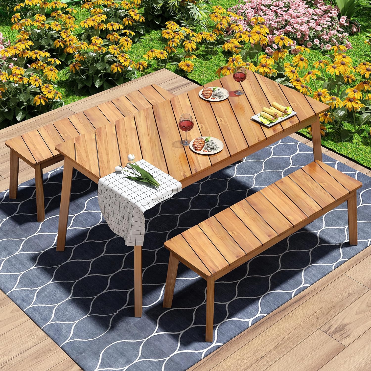 3 Pieces Patio Dining Set, Outdoor Acacia Wood Table and 2 Benches, Outdoor Dining Set Picnic Beer Table for Patiofor 4-6 People, All-Weather Picnic Conversation Set for Deck, Backyard, Garden
