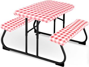 3 Pieces Picnic Table Cover for Kids with Bench Covers Fitted Tablecloth for Outdoors Vinyl Waterproof cloth for Camping Home Goods Indoor Outdoor Patio BBQ(Red, White)