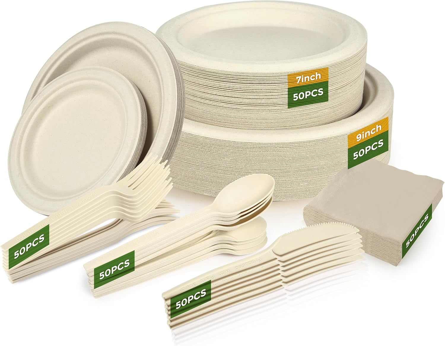 300Pcs Disposable Paper Plates Set, Compostable Plate Sugarcane Utensils Eco Friendly Dinnerware Kit Includes 50 Biodegradable Plates, Forks, Knives and Spoons