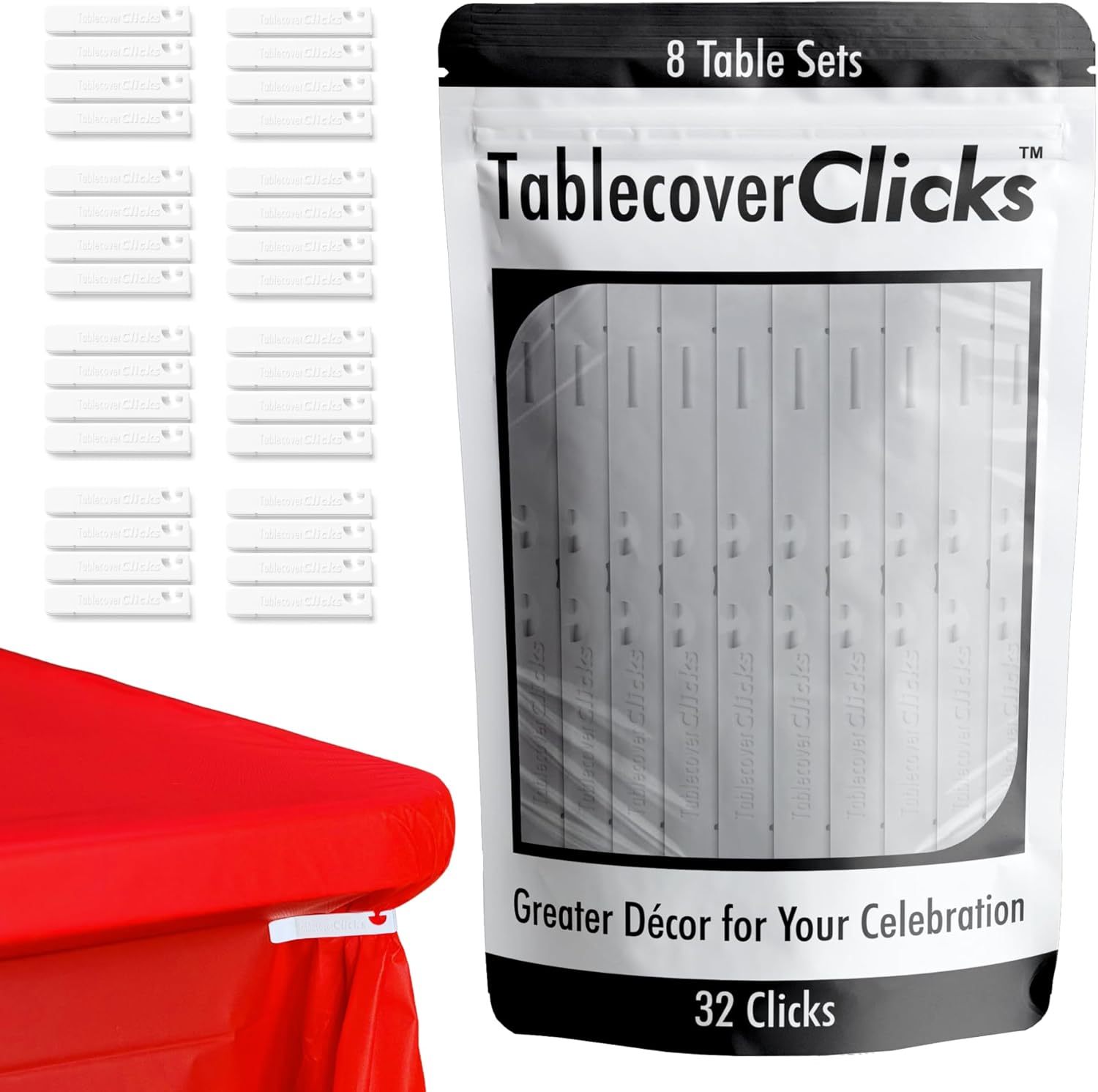 32 Pack of Reusable Tablecloth/Table-Cover Clips – Great for Disposable Plastic Table Covers – Celebration/Party Table Décor