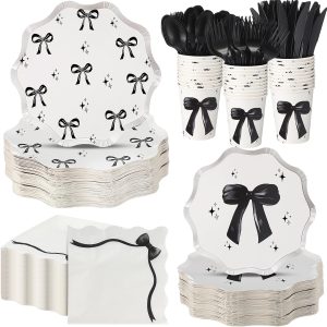 350 Pcs Bow Black Party Supplies Tableware Set Disposable 9'' 7'' Paper Plates 9 oz Cups Cutlery Napkins Dinnerware Set for 1st Birthday, Serve 50 (Bow, Black)