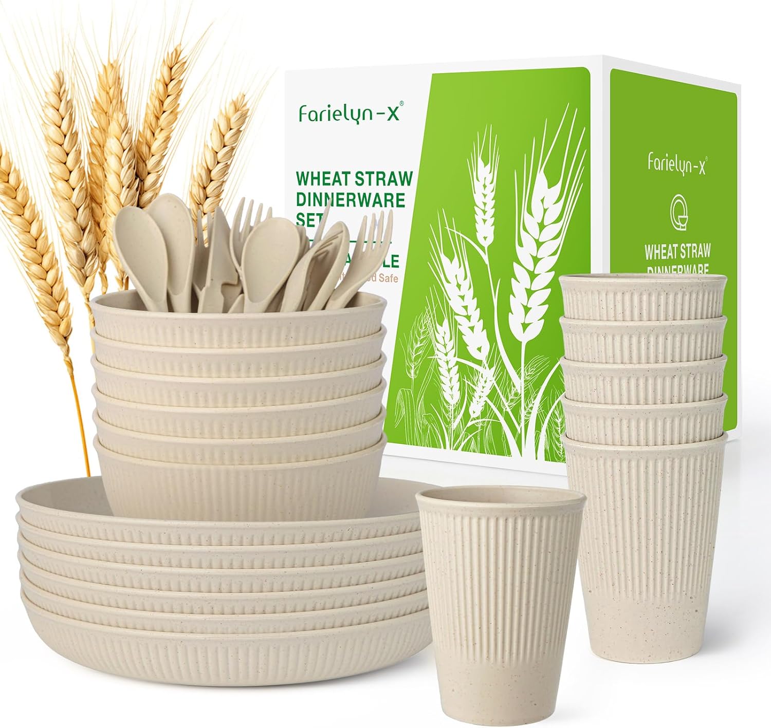 36-Piece Wheat Straw Dinnerware Sets for 6, Farielyn-X Unbreakable Reusable Set Kitchen Cups, Plates, Bowls Sets & Cultery Dishwasher Microwave Safe - Patio, Outdoors, RV, Camping Dishes