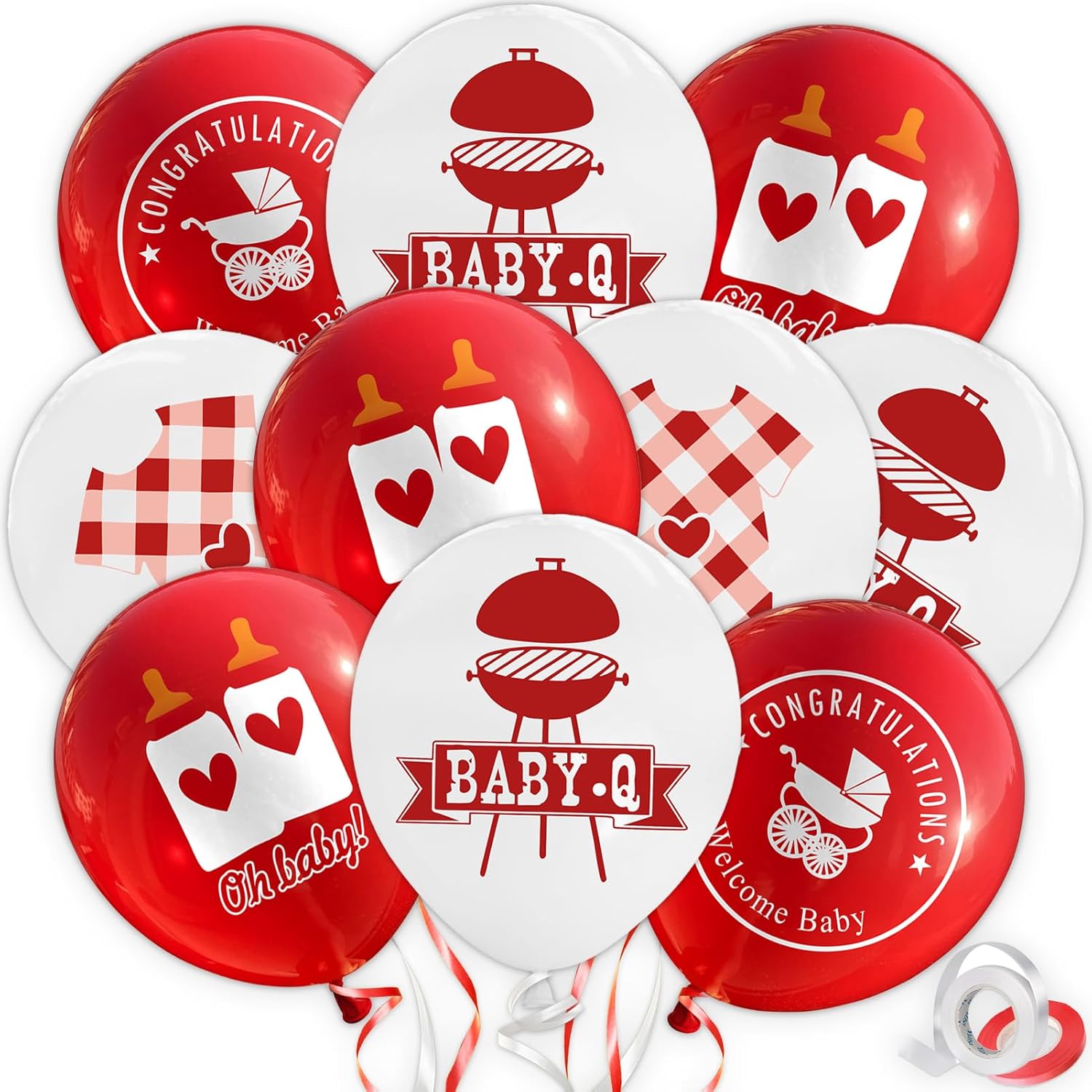 36 Pieces BBQ Party Balloon Decorations,12 Inch Baby Q Latex Balloons for Baby Shower Summer Picnic Barbecue Birthday Party Decor Supplies(Red and White)