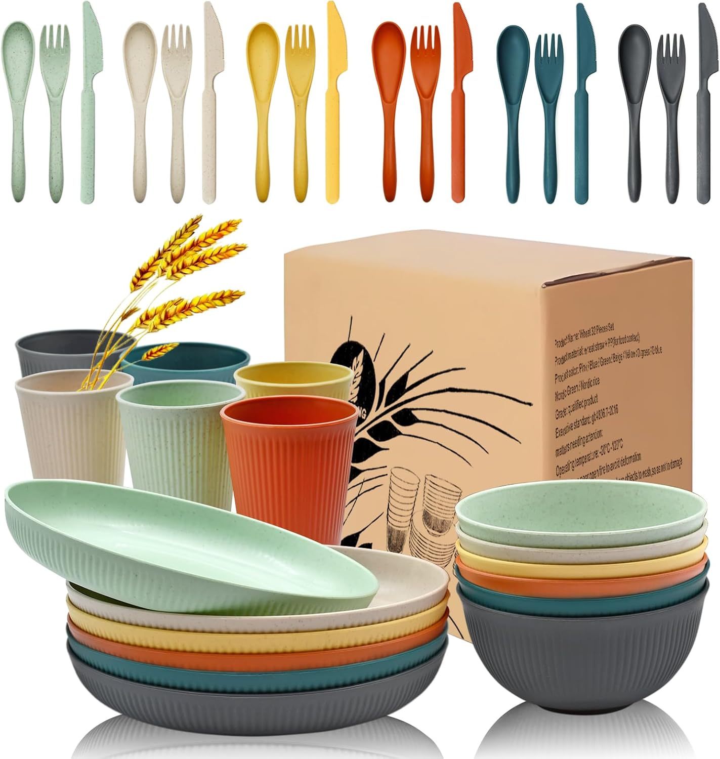 36Pcs Wheat Straw Plates and Bowls Sets, Wheat Straw Dinnerware Sets for 6 with Plates, Cups, Knives, Forks and Spoons Reusable Plates Set Dishes Set Dishwasher and Microwave Safe Plates
