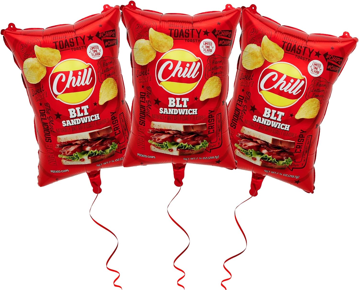 3PCS Red Potato Chip Bag Balloons, 24" Realistic Chips Bags shaped Mylar Balloons for BBQ Picnic Snacks theme Birthday Party Decorations