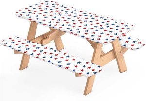 3Pcs Patriotic Picnic Table Cover with Bench Covers Star Camping Essentials Waterproof Elastic Rectangle 6 Ft Tablecloth for 4th of July Independence Day, 72" x 30