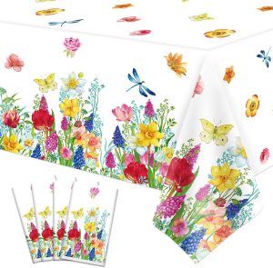 4 Pack Summer Floral Plastic Tablecloth Watercolor Wild Flowers Table Cover Spring Disposable Plastic Tablecloth Picnic Table Cloth Flower Party Decorations Flower Theme Birthday Decor 86 x 51 Inch