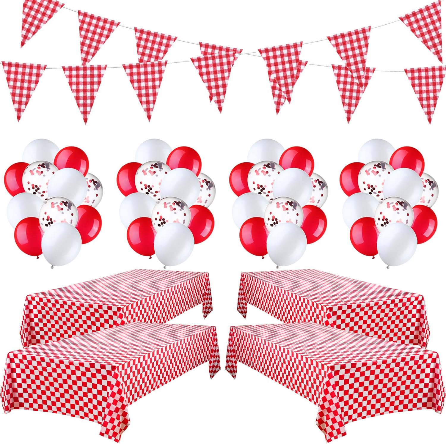 4 Packs 51 x 71 Inch Gingham Plaid Table Covers, 2 Pieces Buffalo Lumberjack Checkered Pennant Banner, 44 Pieces Latex Balloons for Picnic BBQ Birthday Party Decoration (Red White Plaid)