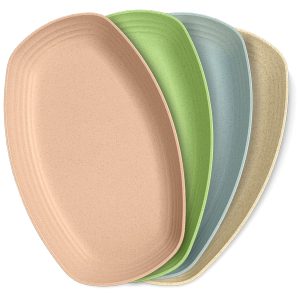 4 Pcs Wheat Straw Dinnerware Sets - 11″ Food-Grade Oval Plates with Smooth Round Edges, Non-Skid Bottom - Lightweight Wheat Dinner Plates and Bowls Sets for Microwave, Oven in 4 Colors, Easy to Clean