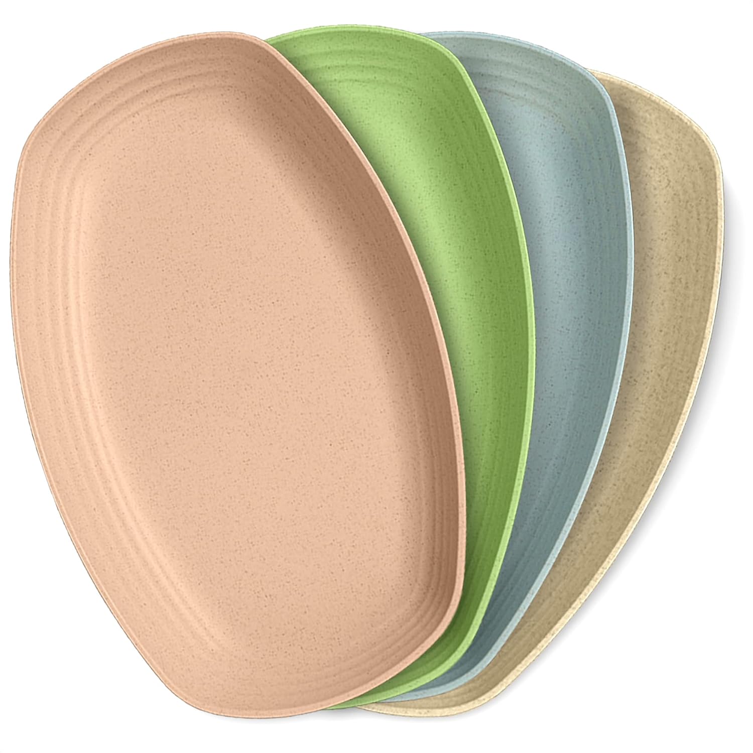 4 Pcs Wheat Straw Dinnerware Sets - 11″ Food-Grade Oval Plates with Smooth Round Edges, Non-Skid Bottom - Lightweight Wheat Dinner Plates and Bowls Sets for Microwave, Oven in 4 Colors, Easy to Clean