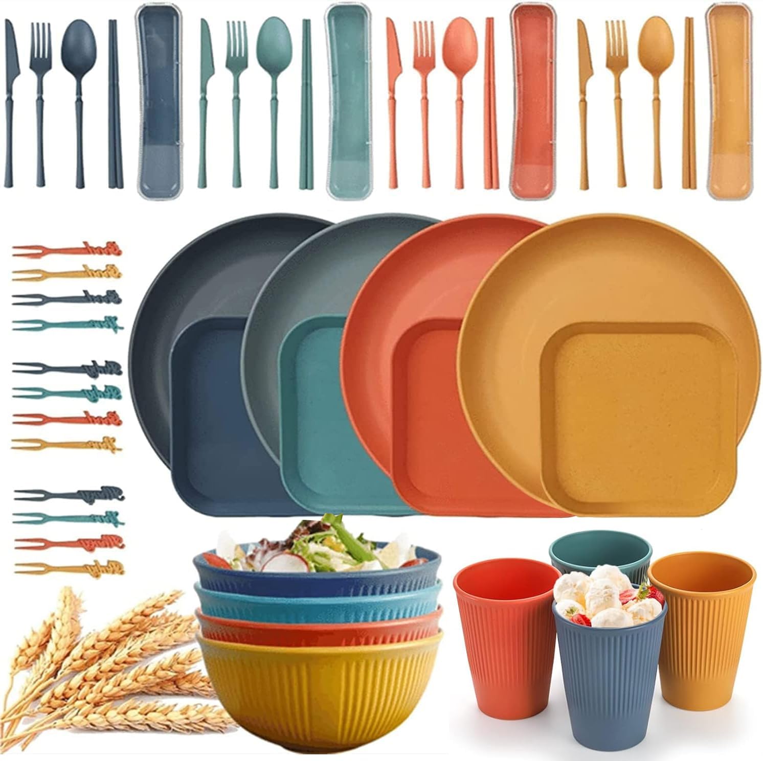 48Pcs Wheat Straw Dinnerware Sets, Unbreakable Plastic Plates and Bowls Sets, Dinner Sets for 4 People, Travel Picnic Camping Cutlery Set, Home Party Cutlery Set, Dishwasher Microwave Safe Dishes
