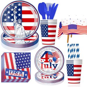 4th of July Disposable Dinnerware Set for Kids 10 People, Plates, Cups, Straw, Napkins, Tablecloth, Knife, Fork and Spoon - for Independence Day Veterans Day Party Decorations