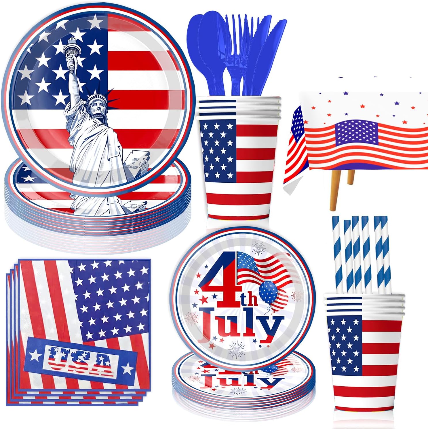 4th of July Disposable Dinnerware Set for Kids 10 People, Plates, Cups, Straw, Napkins, Tablecloth, Knife, Fork and Spoon - for Independence Day Veterans Day Party Decorations