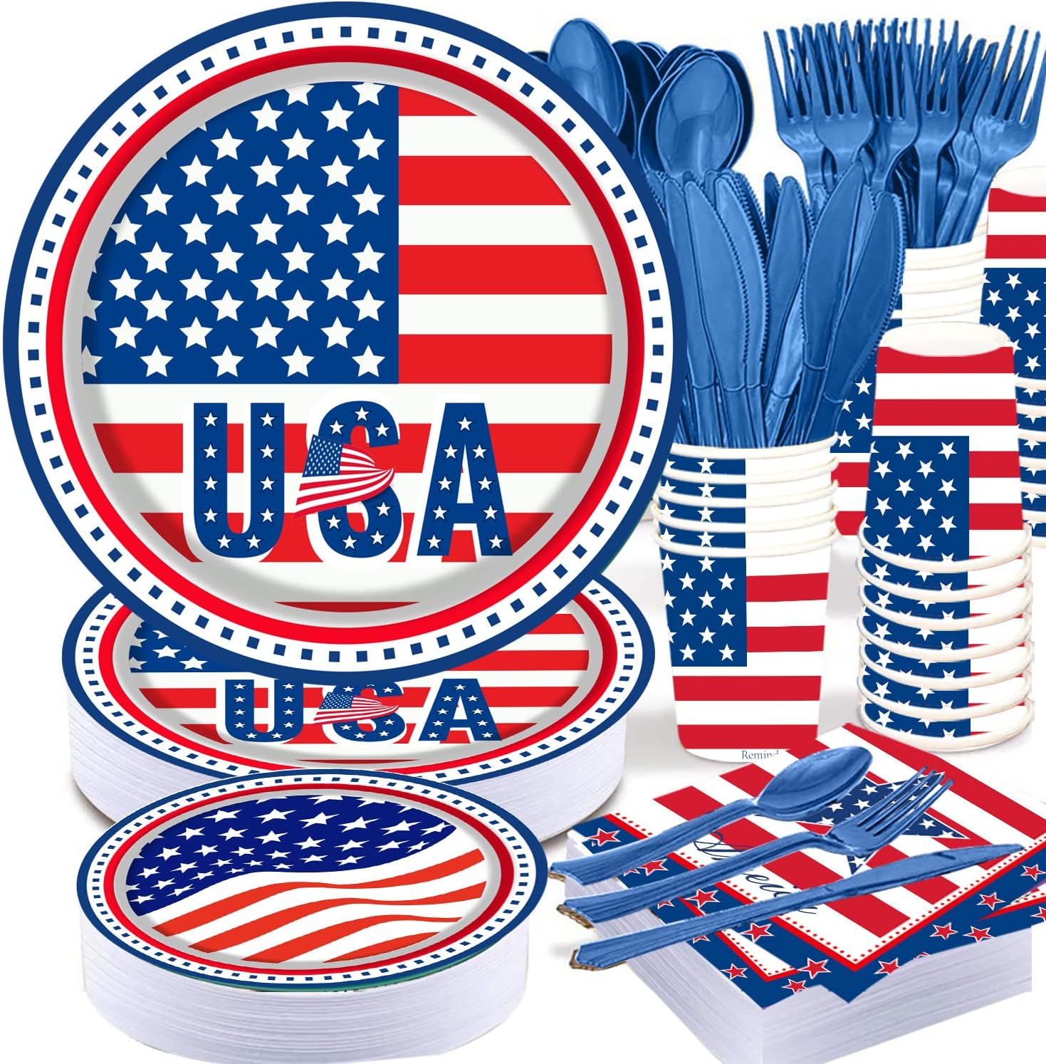 4th of July Party Supplies Tableware Set, 177 PCS Patriotic American Flag Paper Plate Disposable Set with tablecloths- Red Blue White USA Plates Napkins Cups, Forks Spoons for Picnic Barbecue