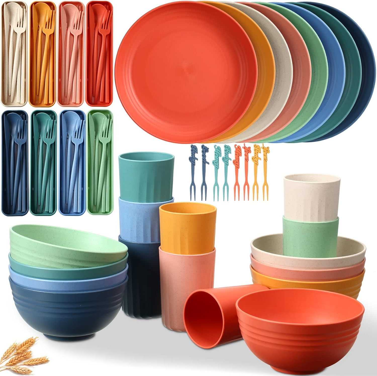 56 Pieces Wheat Straw Dinnerware Set Unbreakable Plastic Plate and Bowl Dishes for Kids Travel Picnic Camping Dishes Colorful Dinner Plates Dishwasher Microwave Safe Reusable Lightweight Tableware