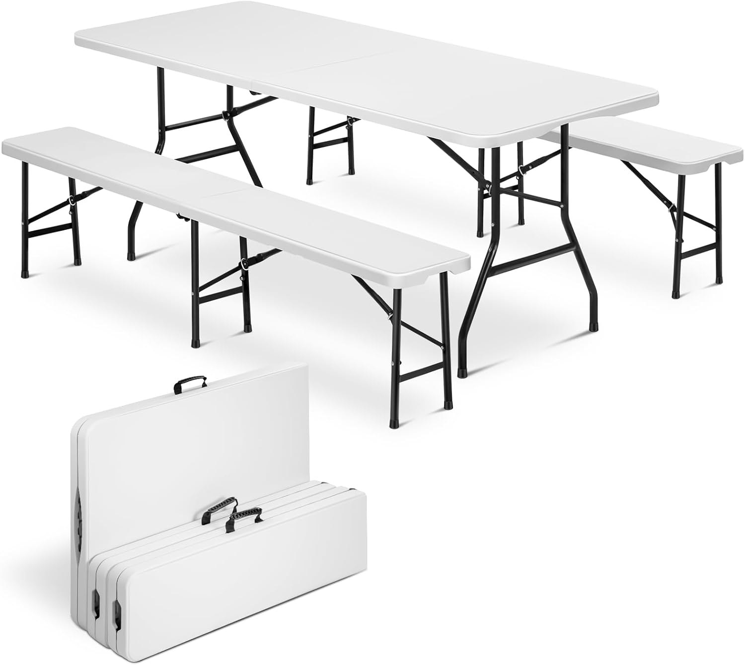 6 Feet Picnic Table Set with 2 Benches, 6ft Folding Camping Table Chair Set for Indoor Outdoor Use, 3-Piece 6 ft Portable Folding Furniture with Handles, White