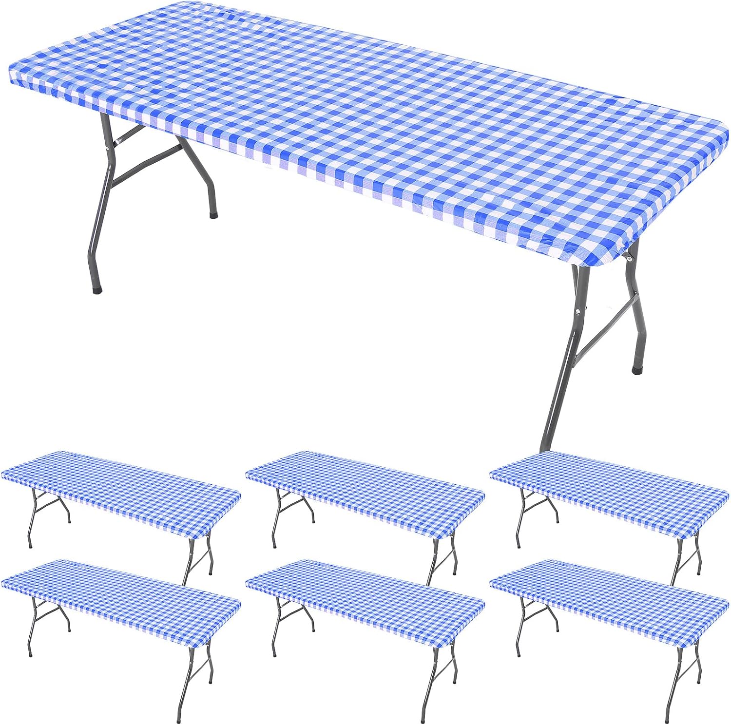 6 Pcs Tablecloth for Folding Fitted Rectangular Table Cloth 30 x 72 Inch Vinyl Waterproof Plastic Table Cover Flannel Backed with Elastic Rim for Indoor Outdoor Picnic Party (Blue and White Grid)