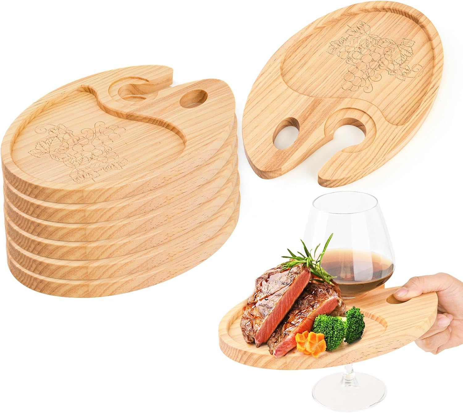 6 Pcs Wine Appetizer Plates with Wine Glass Holder, Mini Charcuterie Boards, Wood Cocktail Cheese Plate for Party, Picnic, 9 x 6