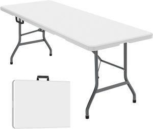 6 ft Folding Table, Foldable Dining Table, White Plastic Table, Lightweight Portable Table, Industrial Workbench for Indoor Outdoor, Picnic, Camping, Board Game with Handle, Locks - White