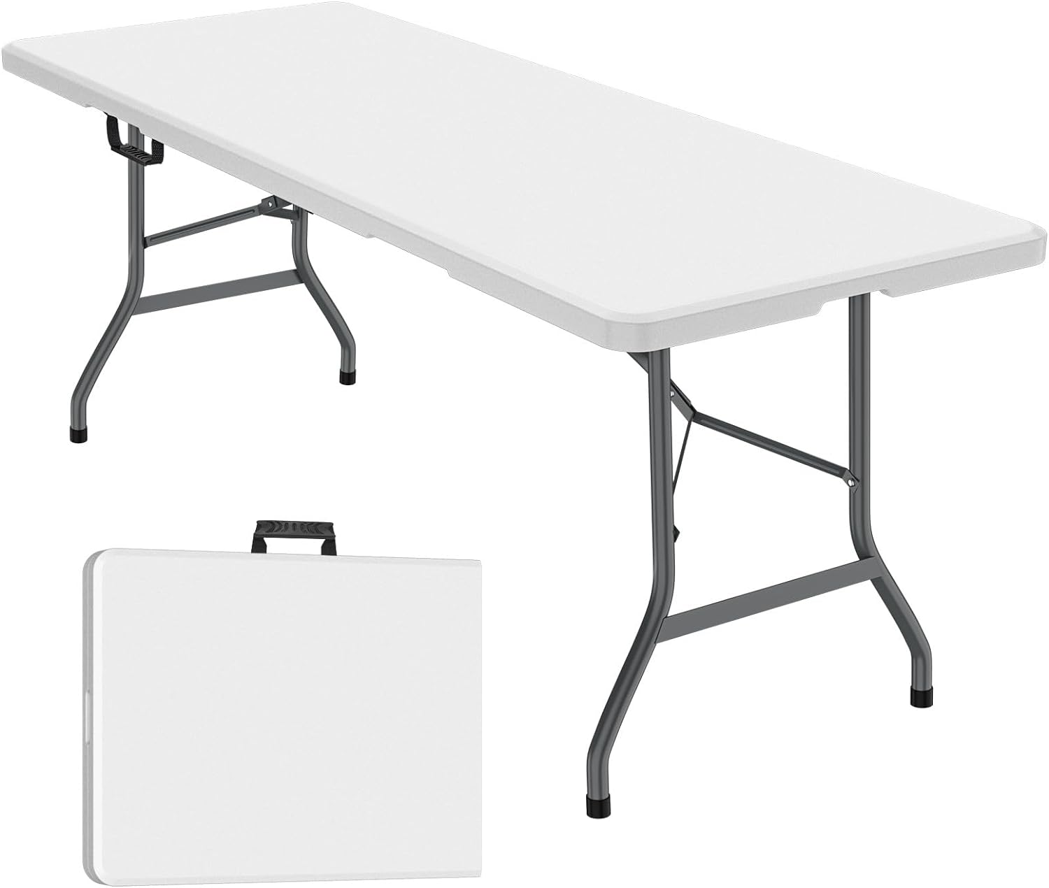 6 ft Folding Table, Foldable Dining Table, White Plastic Table, Lightweight Portable Table, Industrial Workbench for Indoor Outdoor, Picnic, Camping, Board Game with Handle, Locks - White