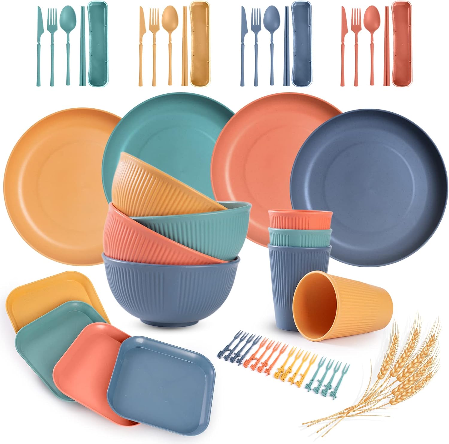 62 PCS Wheat Straw Dinnerware Sets for 4, Reusable Colorful Unbreakable Dinnerware for Kids, Microwave Safe Lightweight Camping Plates Cups and Bowls Set for Kitchen Dorm Picnic Rv Dishes