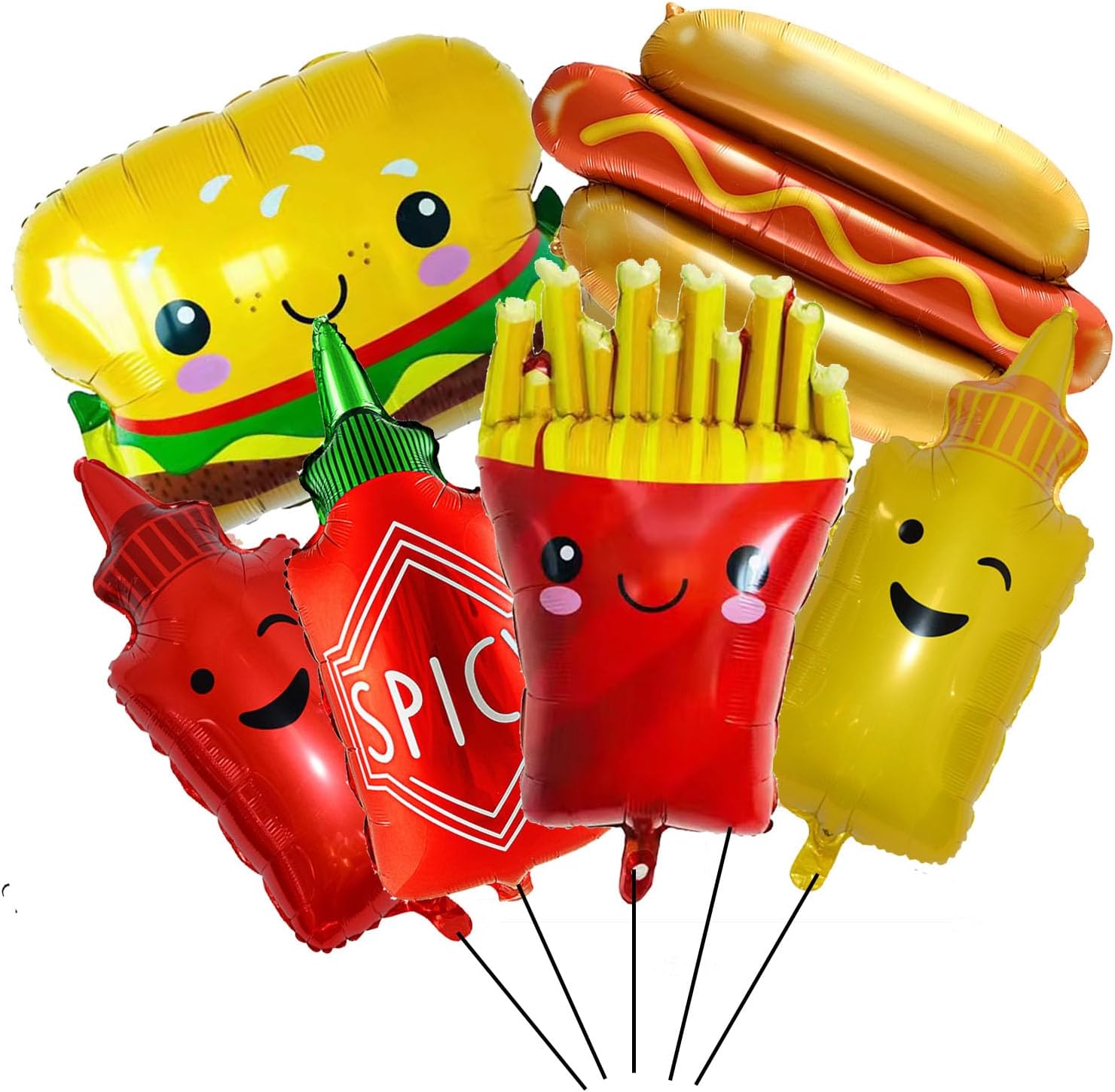 6PCS Hamburger Hot Dog Ketchup Bottles Mustard Bottles Foil Mylar Balloons Food Balloons for Birthday Barbecue Picnic Cookout Fast Food Snacks Themed Party Decorations