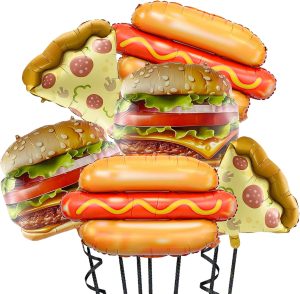 6Pcs Food Themed Balloons, Hamburger Hot Dog Pizza Slice Balloons Food Foil Balloon for Birthday, Baby Shower, Carnival, Fast Food Snacks BBQ Themed Party Decorations