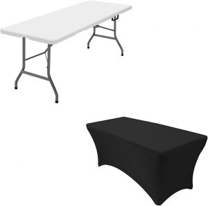 6ft Folding Table with Nylon Tablecloth, 71''D x 28''W x 29''H Heavy-Duty Foldable Plastic Table with Carry Handle for Picnic, Party, Dining, Camping - White (White, 6FT FoldingTable with Tablecloth)