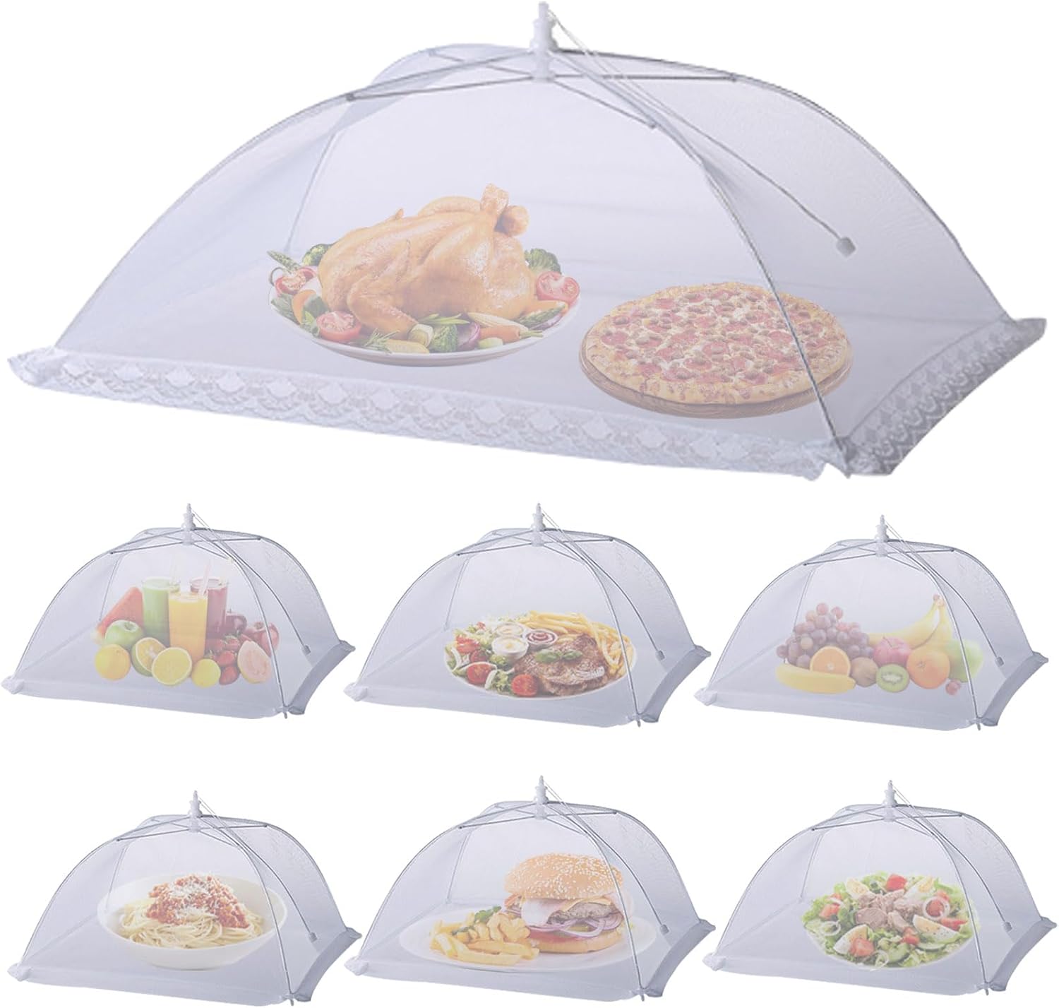 7 Pack Mesh Food Net Food Covers for Outdoors, Food Tents Screen Outside, Large Food Covers, Reusable Pop-Up Umbrella Food Nets for Picnics, Parties, BBQs