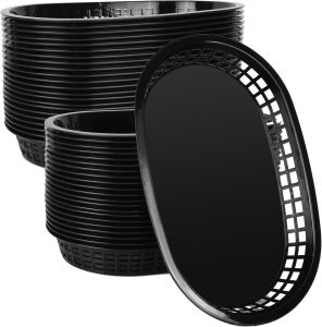 70PCS Oval Black Plastic Food Baskets 10.5×7inch Plastic Baskets For Food For Fried Chicken，Hamburger，French Fries，Hot Dog，Family Gathering Picnic