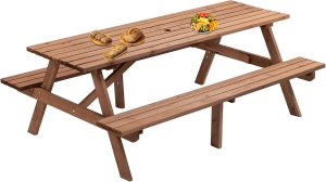 75" Rectangular Picnic Table for Outdoors,8 Person Brown Wooden Picnic Table, Outdoor Camping Dining Tables with 2 Seats DIY with 2 Built-in Benches for Garden Courtyard BBQ,2220lb Capacity