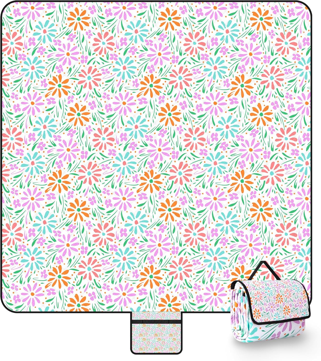 79" x 79" Extra Large Picnic Blankets, Waterproof Sandproof Beach Blanket Foldable & Portable, 3-Layer Fabric Outdoor Picnic Mat for Beach, Camping, Park & Family Gatherings-Floral Pattern