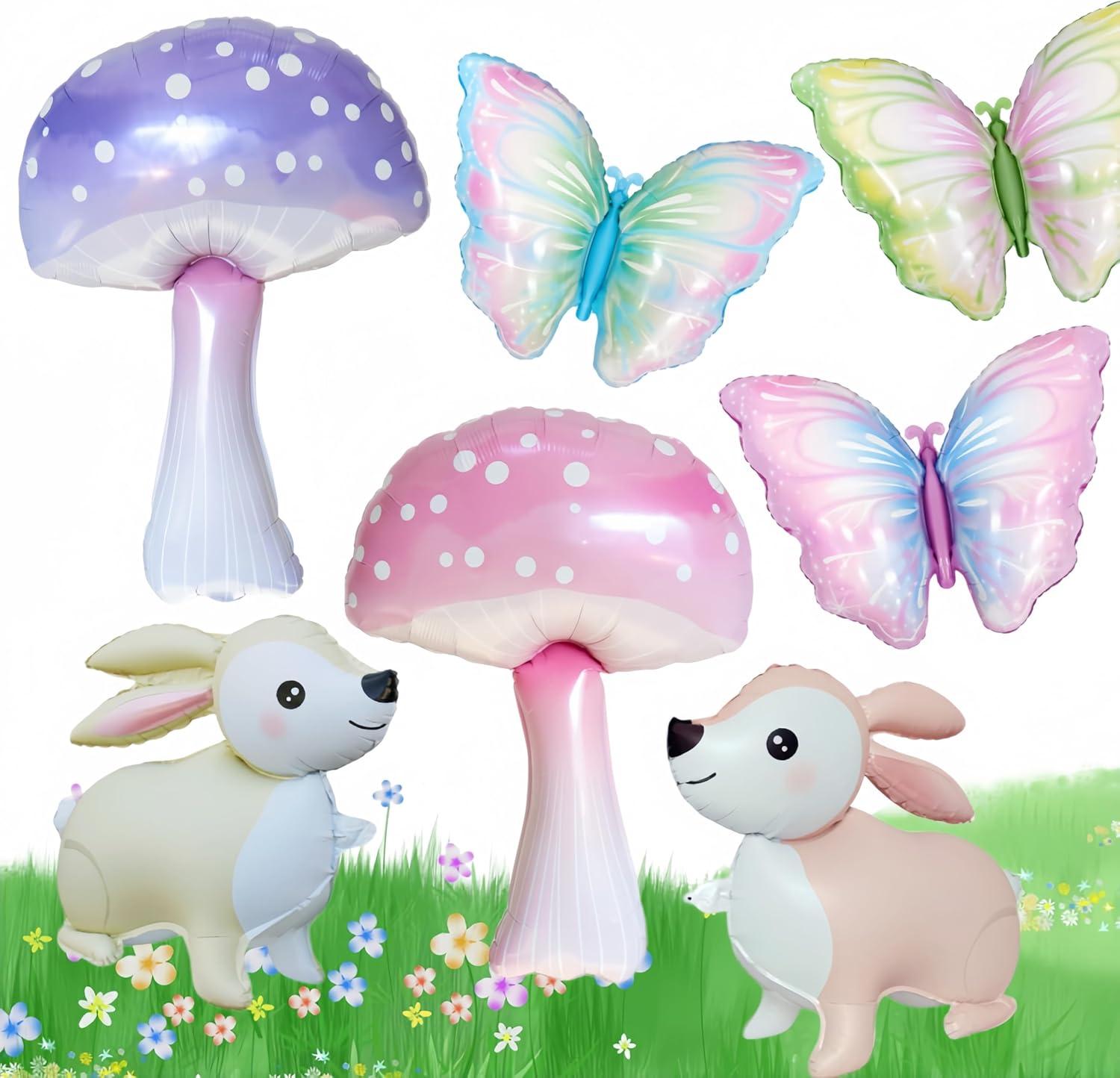 7Pcs Mushroom Balloons Butterfly Rabbit/Forest Plant Theme Decorations/Alice in Wonderland Balloons/Mushroom Theme Party/Wonderland Fairytale Party Supplies/Spring Holiday Picnic Decor