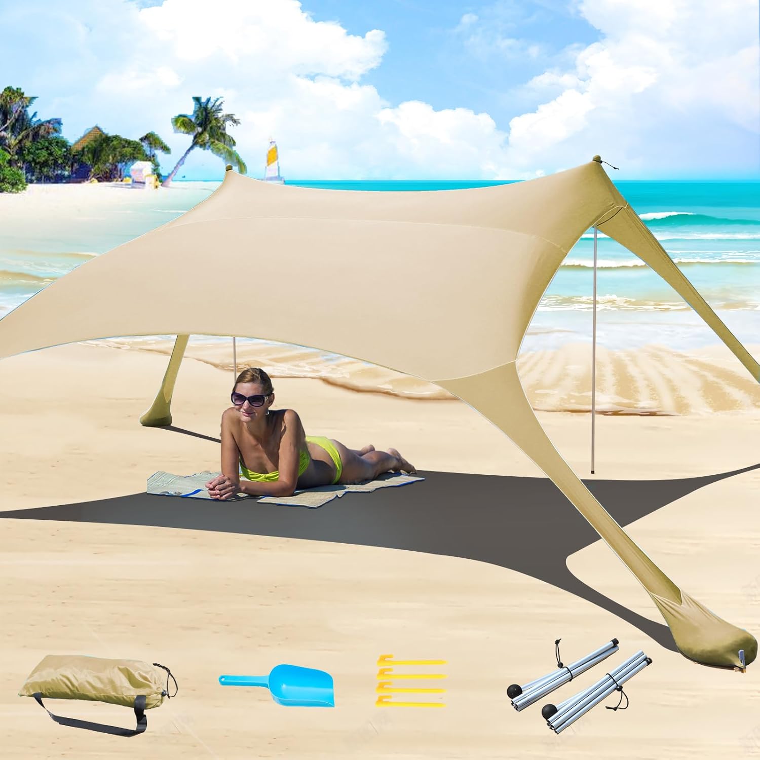 7×7 FT Beach Tent Sun Shelter UPF50+ UV Protection, Outdoor Canopy Tent Sun Shade with 2 Poles for Camping, Beach, Fishing, Backyard and Picnics