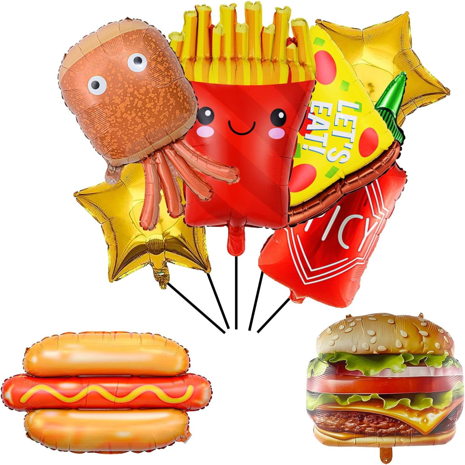 8 Pieces Pizza Mylar Balloons Food Themed Balloons Hamburger Hot Dog Ketchup Mustard Bottle BBQ Party Balloons Foil Balloon for Picnic Snacks Party Birthday Decorations
