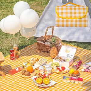 80x80In Picnic Mat, Picnic Pad, Beach Camping Hiking Travel Family Concerts Portable Beach Blankets, Washable Waterproof Foldable Oversized Compact Blanket for Outdoor Use (Yellow Plaid Style)