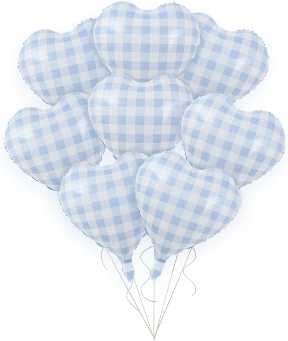 8Pcs Blue Checkered Heart Balloon Set,Picnic Party Decorations,18” Blue Grid Romantic Heart Balloon for Wedding Proposal Birthday Party Decoration.
