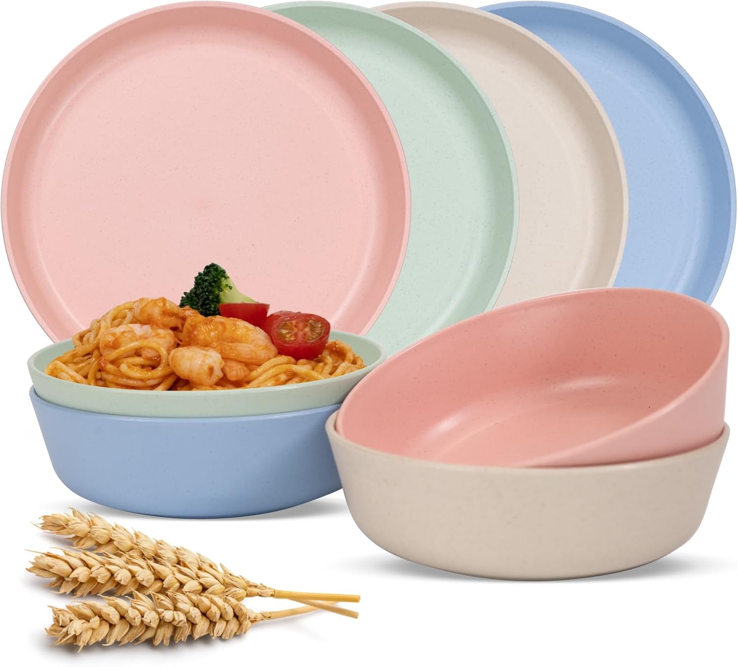 8pcs wheat straw plates and bowls sets - plastic microwave safe reusable Cereal Bowls & Dinner Plates sets for camping, picnic, RV